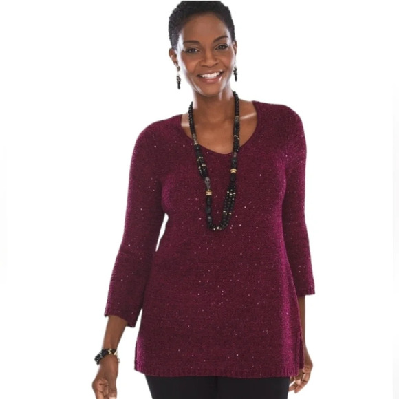 Chico's Chenille Shine V-Neck Pullover Wine Color Sequin Detail Size 2 Large - Picture 1 of 9